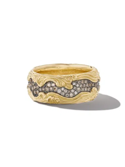 David Yurman Men's Waves Band Ring In 18k Yellow Gold In Cognac Diamond