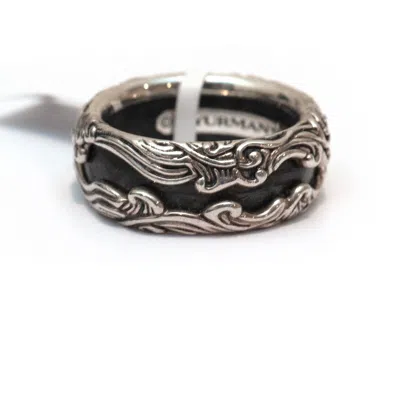 Pre-owned David Yurman Mens 10mm Waves Band Ring In Forged Carbon & Sterling Silver 10 In Silver And Black