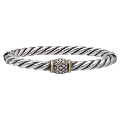Pre-owned David Yurman Metro Silver 18k Cable Pav� Diamond Station Bracelet 6mm - Small In Multiple