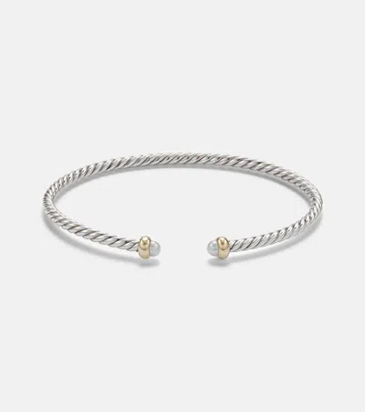 David Yurman Micro Cable Flex Sterling Silver And 14kt Gold Cuff Bracelet With Pearls In Gray
