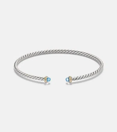 David Yurman Micro Cable Flex Sterling Silver And 14kt Gold Cuff Bracelet With Topaz In Metallic