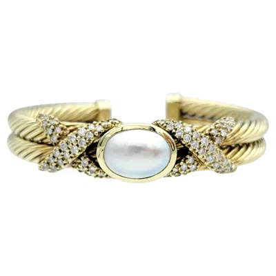 Pre-owned David Yurman Mother Of Pearl And Diamond Cable Cuff Bracelet In 14k Yellow Gold
