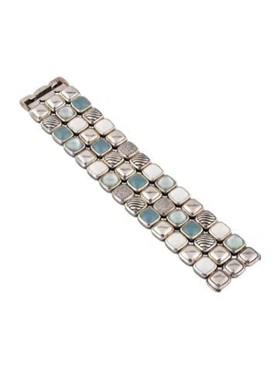 Pre-owned David Yurman Mother Of Pearl, Aquamarine, Chalcedony & Diamond Three Row Chiclet Bracelet, 6.5" In Multi
