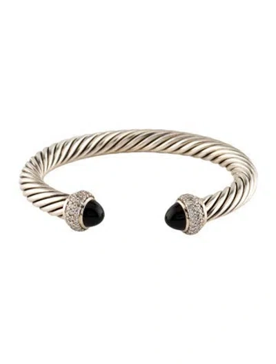 Pre-owned David Yurman Onyx & Diamond Cable Cuff Bracelet, 6.25" In Multi