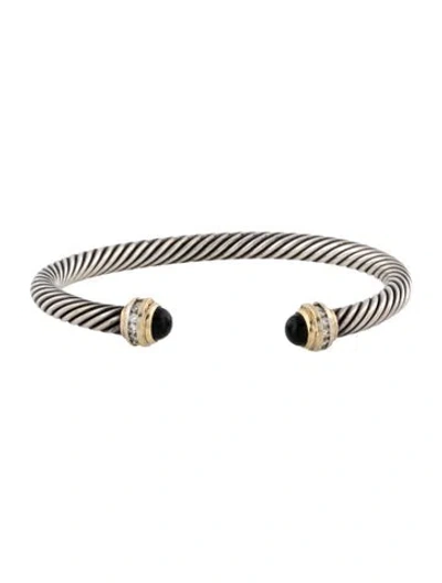 Pre-owned David Yurman Onyx & Diamond Cable Cuff Bracelet, 6.5" In Multicolor