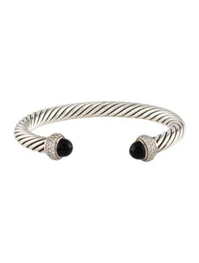 Pre-owned David Yurman Onyx & Diamond Cable Cuff Bracelet, 7" In Multi