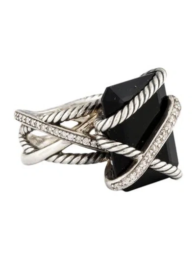 Pre-owned David Yurman Onyx & Diamond Cable Wrap Cocktail Ring In Multi