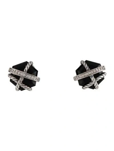 Pre-owned David Yurman Onyx & Diamond Cable Wrap Stud Earrings In Multi