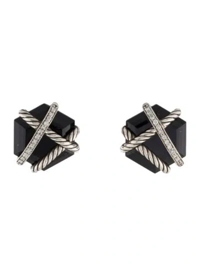 Pre-owned David Yurman Onyx & Diamond Cable Wrap Stud Earrings In Multi