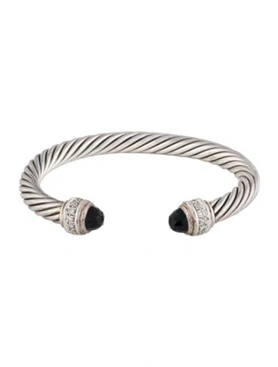 Pre-owned David Yurman Onyx & Diamond Classic Cable Cuff Bracelet, 6.5" In Multi