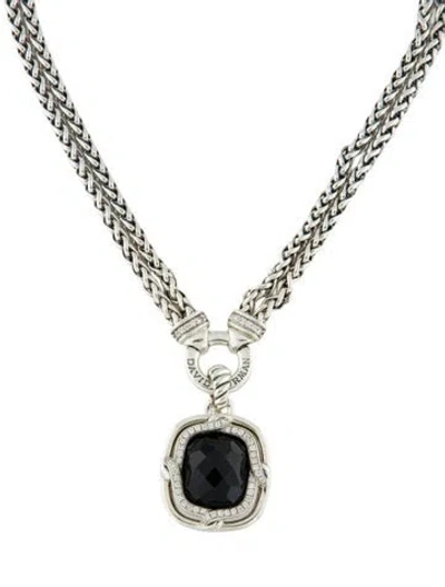Pre-owned David Yurman Onyx & Diamond Double Wheat Chain Pendant Necklace, 16" In Multi