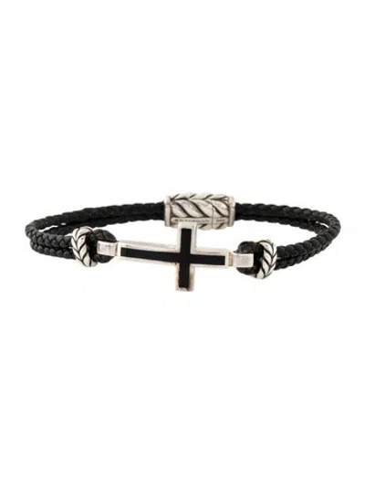 Pre-owned David Yurman Onyx & Leather Cross Bracelet, 7.75" In Black