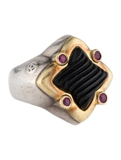 Pre-owned David Yurman Onyx & Ruby Quatrefoil Cocktail Ring In Multi
