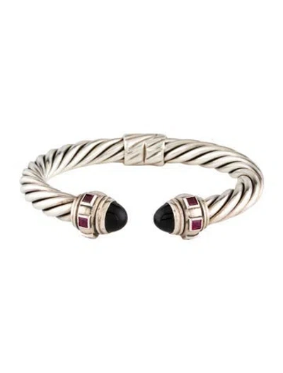 Pre-owned David Yurman Onyx & Ruby Renaissance Cuff Bracelet, 6.5" In Multicolor
