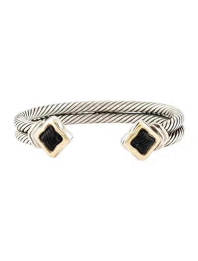 Pre-owned David Yurman Onyx Quatrefoil Double Cable Cuff Bracelet, 7.25" In Multi