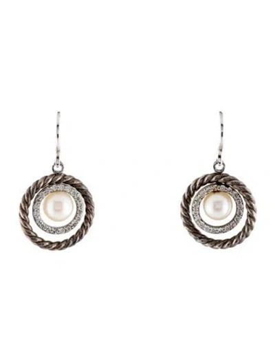 Pre-owned David Yurman Pearl & Diamond Cable Drop Earrings In Multi