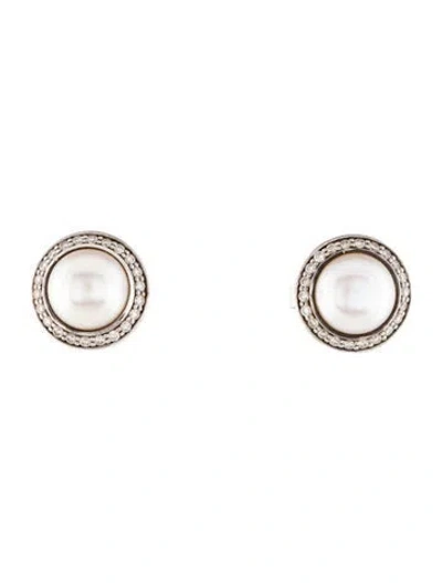 Pre-owned David Yurman Pearl & Diamond Cerise Petite Stud Earrings In Multicolor