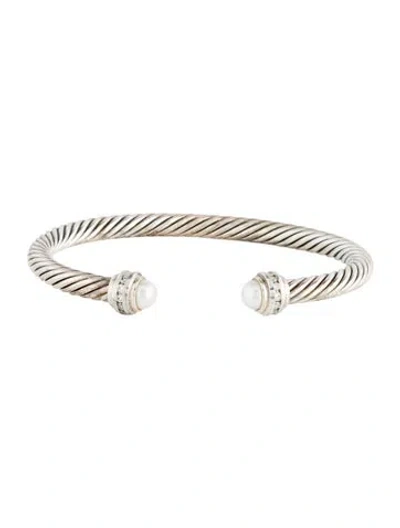 Pre-owned David Yurman Pearl & Diamond Classic Cable Bracelet, 6.5" In Multi