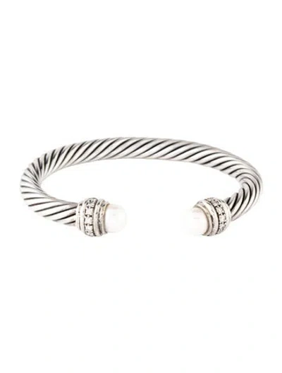 Pre-owned David Yurman Pearl & Diamond Classic Cable Bracelet, 6.5" In Multicolor