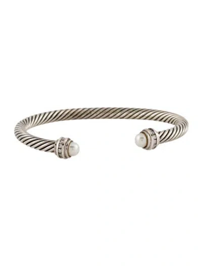 Pre-owned David Yurman Pearl & Diamond Classic Cable Bracelet, 6.75" In Multi