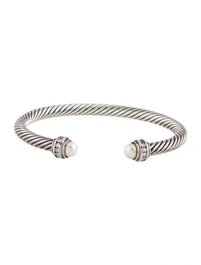 Pre-owned David Yurman Pearl & Diamond Classic Cable Cuff, 6.75" In Multicolor