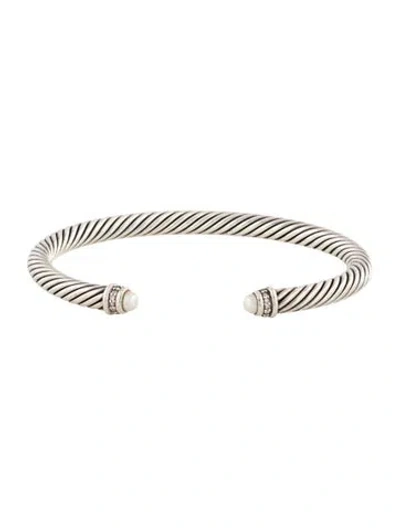 Pre-owned David Yurman Pearl & Diamond Classic Cable Cuff, 7" In Multicolor