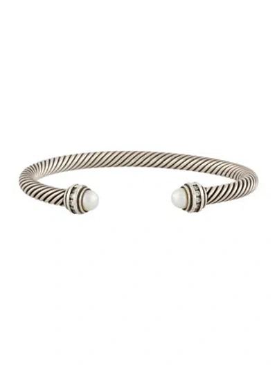 Pre-owned David Yurman Pearl & Diamond Classic Cable Cuff Bracelet, 6.75" In Multi