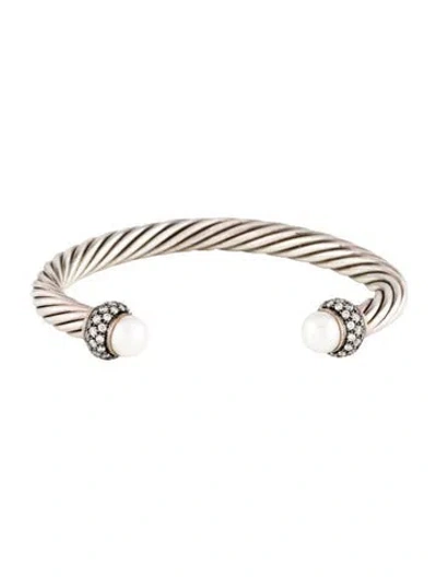 Pre-owned David Yurman Pearl & Diamond Moonlight Ice Cuff Bracelet, 7" In Multi