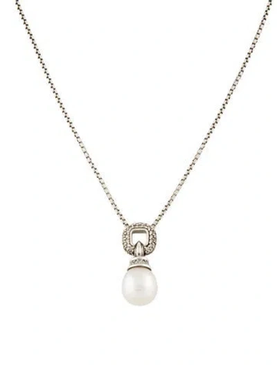 Pre-owned David Yurman Pearl & Diamond Pendant Necklace, 16" In Multi