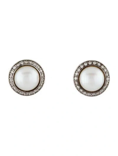 Pre-owned David Yurman Pearl & Diamond Petite Cerise Studs In Multi