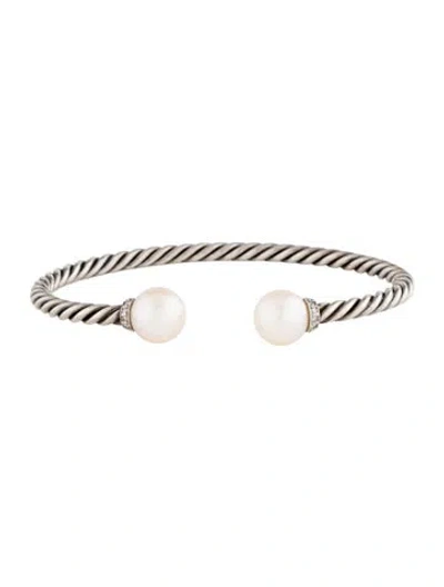Pre-owned David Yurman Pearl & Diamond Solari Cuff Bracelet, 6.25" In Multicolor