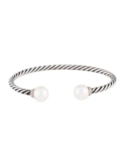 Pre-owned David Yurman Pearl & Diamond Solari Cuff Bracelet, 6.25" In Multicolor