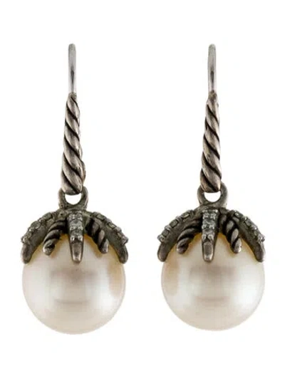 Pre-owned David Yurman Pearl & Diamond Starburst Drop Earrings In Multi