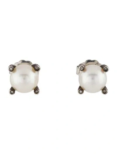 Pre-owned David Yurman Pearl & Diamond Stud Earrings, 14mm In Multi