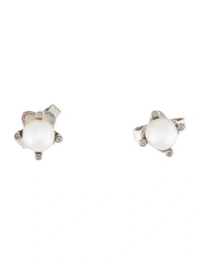 Pre-owned David Yurman Pearl & Diamond Stud Earrings In Multi
