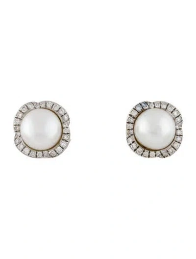 Pre-owned David Yurman Pearl & Diamond Stud Earrings In Multi