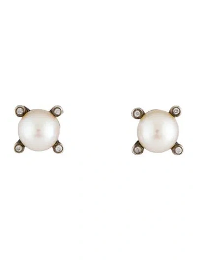 Pre-owned David Yurman Pearl & Diamond Stud Earrings In Multi