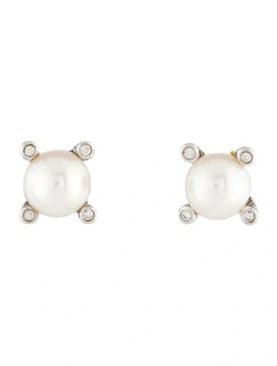Pre-owned David Yurman Pearl & Diamond Stud Earrings In Multicolor