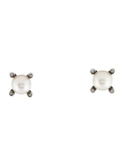 Pre-owned David Yurman Pearl & Diamond Stud Earrings In White