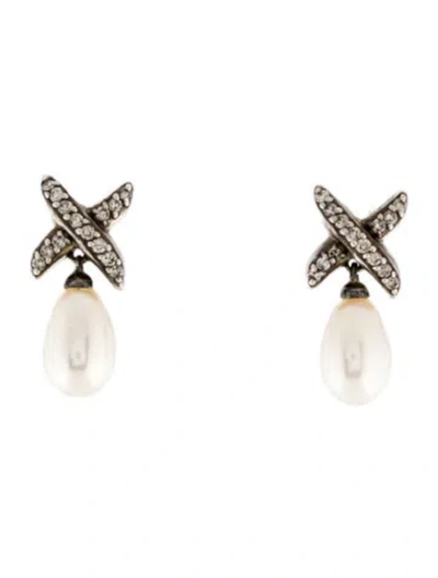 Pre-owned David Yurman Pearl & Diamond X Drop Earrings In Multi