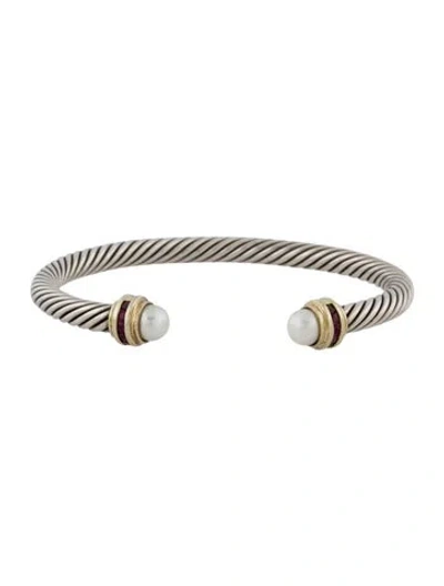 Pre-owned David Yurman Pearl & Ruby Cable Cuff, 6.75" In Multi