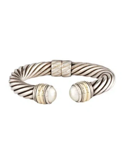 Pre-owned David Yurman Pearl Cable Hinged Cuff Bracelet, 5.5" In Multicolor