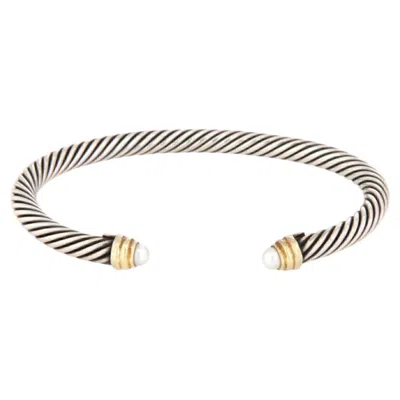Pre-owned David Yurman Pearl Sterling Silver & 14k Gold 5mm Cable Cuff Bracelet 6.5" In Multiple