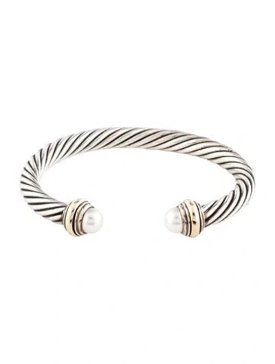 Pre-owned David Yurman Pearl Two-tone Classic Cable Cuff Bracelet, 6.75" In Multi