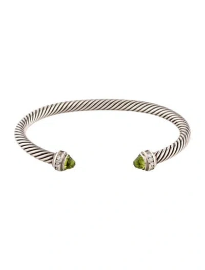 Pre-owned David Yurman Peridot & Diamond Cable Cuff Bracelet, 7" In Multi