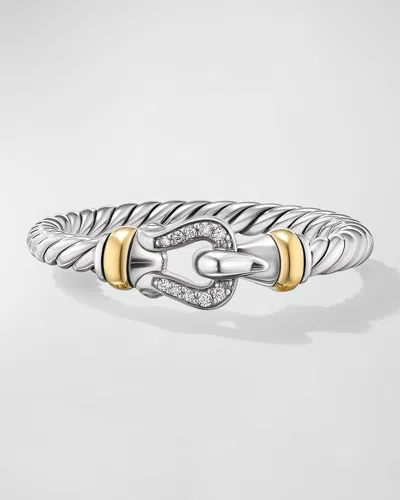 David Yurman Petite Buckle Ring With Diamonds In Silver And 18k Gold, 2mm In Adi
