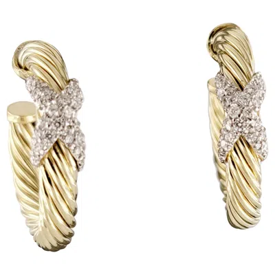 Pre-owned David Yurman Petite X Hoop Earrings In 14k Yellow Gold With Pave Diamonds