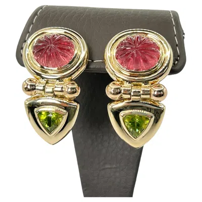 Pre-owned David Yurman Pink Tourmaline And Peridot Earrings In 14 Karat Yellow Gold