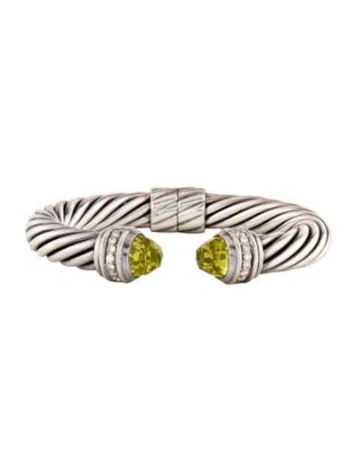Pre-owned David Yurman Prasiolite & Diamond Cable Cuff Bracelet In Multi