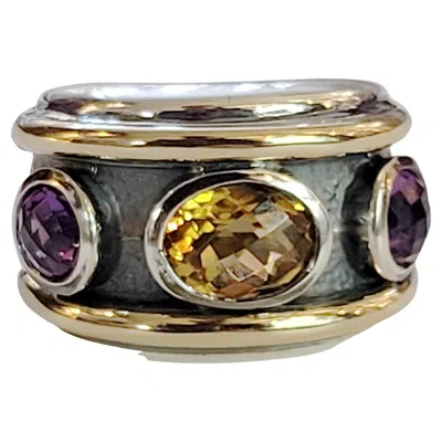 Pre-owned David Yurman Renaissance 3 Stone Citrine & Purple Sterling Silver Gold Band Ring